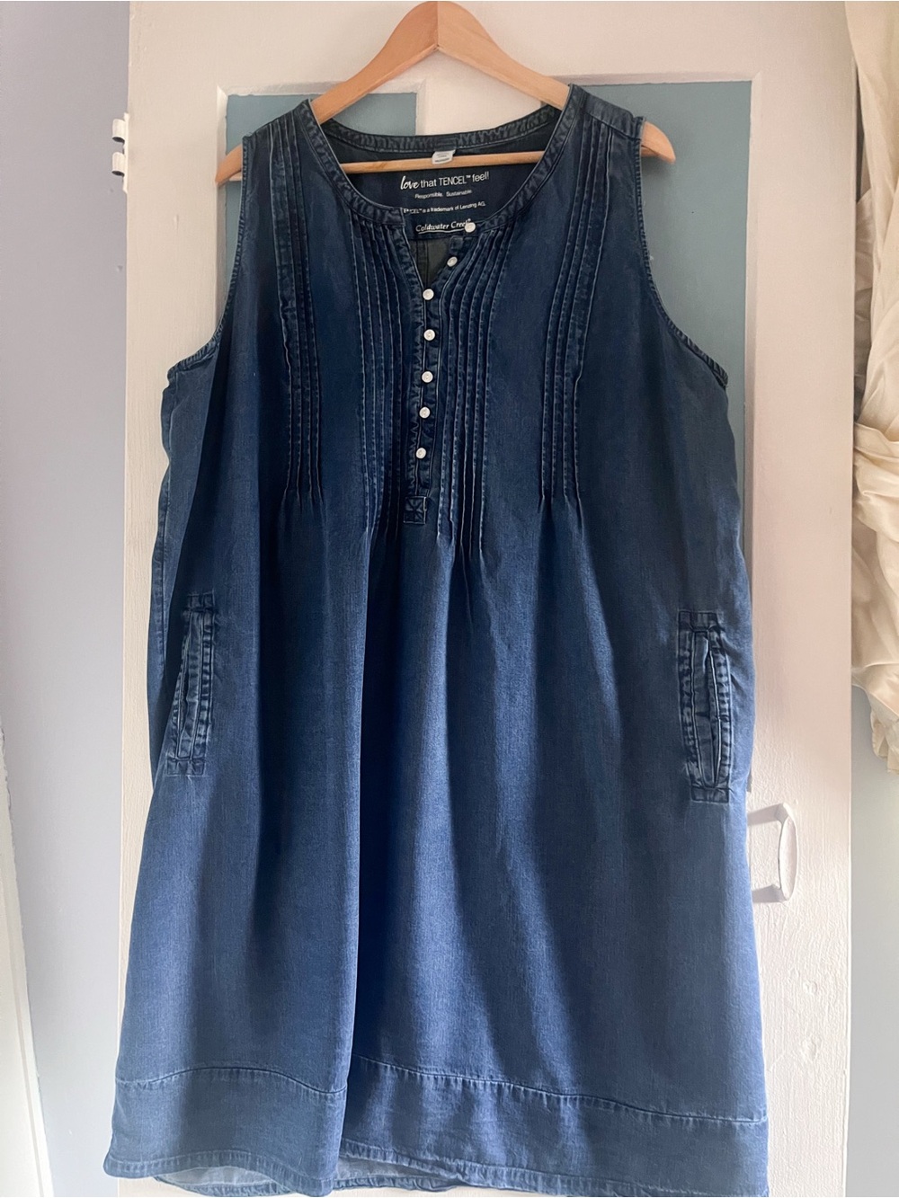 Cold water Creek  Sleeveless Navy Denim Tunic dress pin tuck tencel fabric XXL